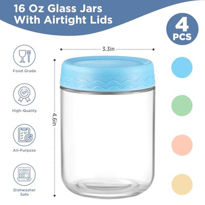 DRKIO 16 Oz Overnight Oats Containers with Lids - 4 Pack Glass Storage Jars with Airtight Lids Wide Mouth Mason Food Jars Great for Meal Prep Salad Chia Pudding Snacks Yogurt Sugar Spice Cereal - color: 16 Oz - 4 Colors