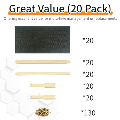 20 Pack Beehive Frames and Wax Foundations for Deep Brood Bee Hives Frames with 100% Beeswax Coated Foundations Sheets Deep Honey Bee Frames and Foundations for Beekeeping - size: 20-Pack