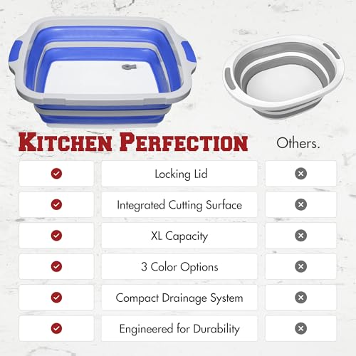 KITCHEN PERFECTION Collapsible XL Smoker & BBQ Prep Tub with Locking Lid & Cutting Board - Grill Caddy Container for Meat Marinating & Brine Perfect For Brisket, Turkey & Ribs - Best Gift For Men - color: Classic Blue