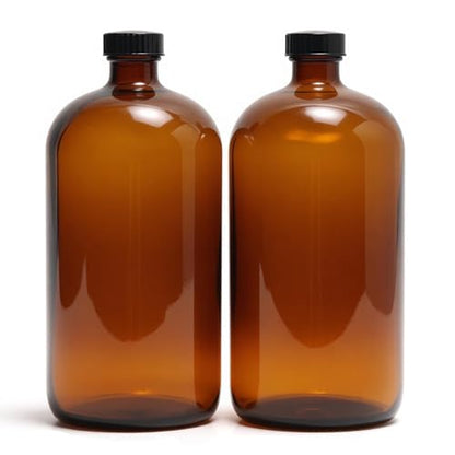 2 Pack 1000ml (32oz) Amber Glass Boston Round Bottles with Black Screw Caps - Empty Refillable Brown Glass Bottles for Essential Oils, Lab Chemicals, Cosmetics, Cleaning Solutions & Homemade Products