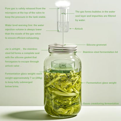 Fermentation Kit for Wide Mouth Mason fermentation Jar,pickling/sauerkraut kit with 4 Glass Fermentation Weights,4 Fermenting Lids,4 airlocks,5 Silicone Rings,5 Silicone Grommet （ No Jars ）