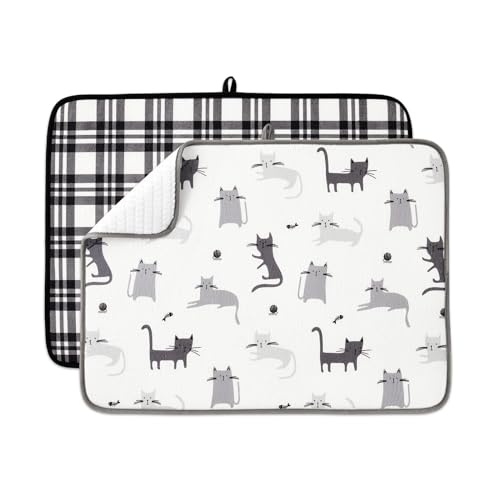FRESHMINT Printed Dish Drying Mats for Kitchen Counter 2 Pack Absorbent Reversible Drying Mats Microfiber Kitchen Countertop Protector Dishes Drying Pad Extra Large 18"x24" Dish Mat - color: Black & White Cats, size: 18''X24''