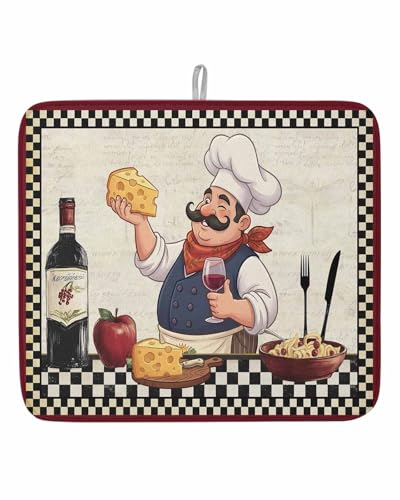 Dish Drying Mat for Kitchen Counter Kitchen Chef Drying Pad Absorbent Drying Mats for Countertops Sinks Draining Racks Red Wine Cheese Bistro Black Plaid Drainer Kitchen Decor 16x18 Inch - color: Beige