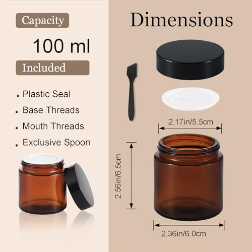 3 Pack 4 oz Amber Small Glass Jars with Airtight Lids, Lotion Containers, Cosmetic Containers, Little Travel Jars for Creams with Black Mini Spoon & Black Labels Included - color: Amber, size: 3