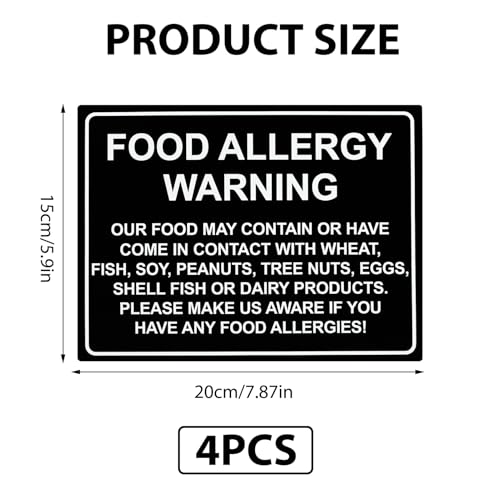 4 Pcs Food Allergy Warning Sign, Self Adhesive Waterproof Cottage Food Law Labels Stickers, Restaurant Cafe Bar Kitchen Safety Labels Stickers for Public Dining Areas (200x150mm)