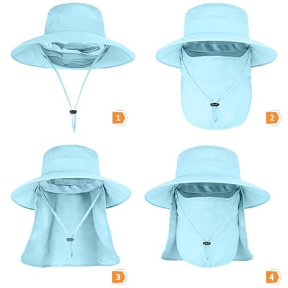 Sun Hats for Men Women Fishing Hat UPF 50+ Breathable Wide Brim Bucket Hats Summer UV Protection Safari Hat with Neck Flap - color: Blue (With Face Cover)