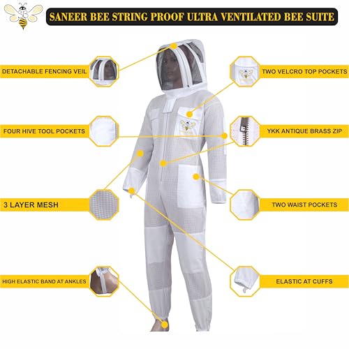 SANEER 3 Layer Beekeeping Suit, Ventilated Sting Proof Beekeeping Suit For Beekeepers with Gloves (X-Large) - size: X-Large
