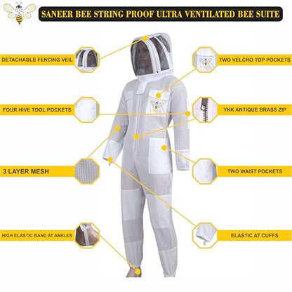 SANEER 3 Layer Bee Suit With Fencing Veil Protection & One Pair Gloves Ventilated Sting Proof Beekeeping Suit For Beekeepers (3X-Large) - size: 3X-Large