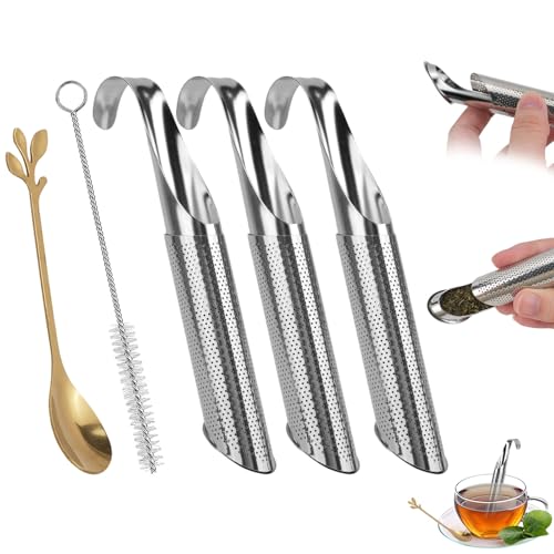 CEYAZYE 3PCS Stainless Steel Tea Infuser Set for Loose Leaf Tea | Elegant Spoon and Cleaning Brush, Perfect Fine Mesh Strainer, Metal Diffuser, Pipe Tea Steeper for Loose Tea, Coffee, Spices