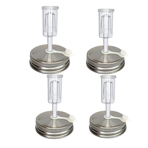 4 Set Fermentation Lids Kit for Wide Mouth Jars, 4 Stainless Steel Fermenting Lids with 4 Airlocks(Jars Not Included) (No Glass Weight)