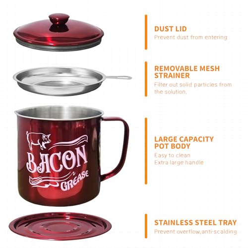 1.3L Bacon Grease Saver Container with Fine Mesh Strainer,Stainless Steel Oil Keeper Can for Bacon,46oz Large Rustic Farmhouse Fat Container, Keeper, Recipes, Dishwasher Safe (Red) - color: Red