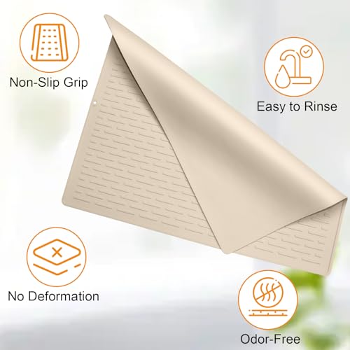 Dish Drying Mat Beige, 11.8x15.8 Inches Silicone Dish Mat Drying Kitchen Mat, Kitchen Drying Mat for Small Spaces, Non-Slip Fast Drain Drying Pad, Protects Surfaces Under Dishes and Glassware - size: 11.8" x 11.8"
