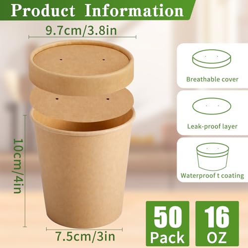 50 Pack Kraft Paper Soup Containers with Lids, 16 Oz Disposable Paper Food Containers, Round, Brown, General Use, Freezer & Microwave Safe