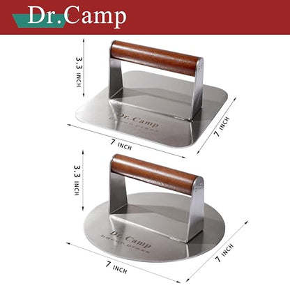 Dr.Camp 2 Pack Stainless Steel Burger Press with Real Wood Handle 7 Inch Smash Burger Press Bacon Press Grill Press Set for Griddle Flat Top Hamburger Smasher Meat Press - style: Round+Square