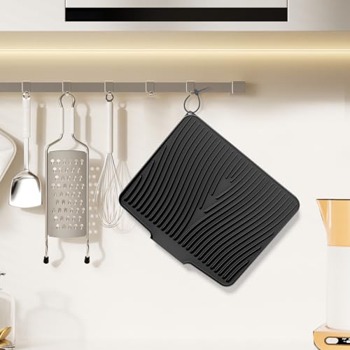 Silicone Dish Drying Mat for Kitchen counter, 19.7"x17" 2Pcs Extra Large Non-Slip Drain Pad with Built-in Drainage, Heat Resistant Dishwasher Safe, Black - color: Black-2pcs, size: 19.7" x 17"