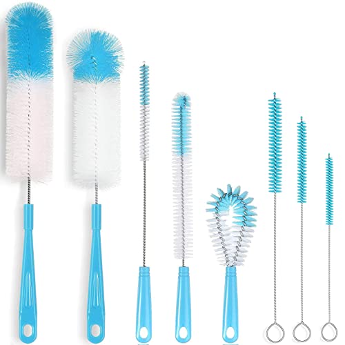 ALINK 8-Pack Bottle Cleaning Brush Set - Long Handle Bottle Cleaner for Washing Narrow Wine/Beer Bottle, Thermos, Hummingbird Feeder, Sport Well, Plus Kettle/Straw Brush - color: Blue