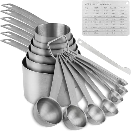 Measuring Cups and Spoons Set 15, Metric & US 18/8 Stainless Steel Measuring Cups and Spoons Set for Baking & Kitchen, 6 Measure Cups & 7 Spoons Leveler & Measure Equivalents for Dry&Liquid - size: Set of 15