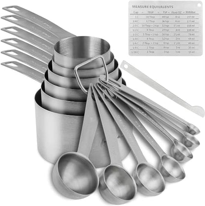Measuring Cups and Spoons Set 15, Metric & US 18/8 Stainless Steel Measuring Cups and Spoons Set for Baking & Kitchen, 6 Measure Cups & 7 Spoons Leveler & Measure Equivalents for Dry&Liquid - size: Set of 15