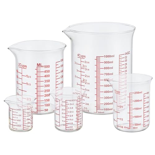 Ackers High Borosilicate Glass Measuring Cup Set with Pour Spout,60ml(2OZ),120ml(4OZ), 250ml(8OZ), 500ml(16OZ), 1000ml(32OZ) Glass Measuring Beaker for Kitchen or Restaurant, Easy to Read - size: 2oz/4oz/8oz/16oz/32oz Measuring Cup Set