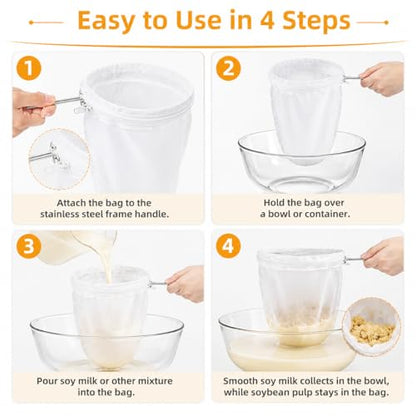 RAINFLOW Ultra Fine Mesh Strainer Bags - 3 Pcs Nut Milk Bag Reusable, Cheese Cloth Bag for Straining, Fine Mesh Strainer for Milk, Coffee, Juice, Yogurt, Stainless Steel Handle, Kitchen Filter Bags