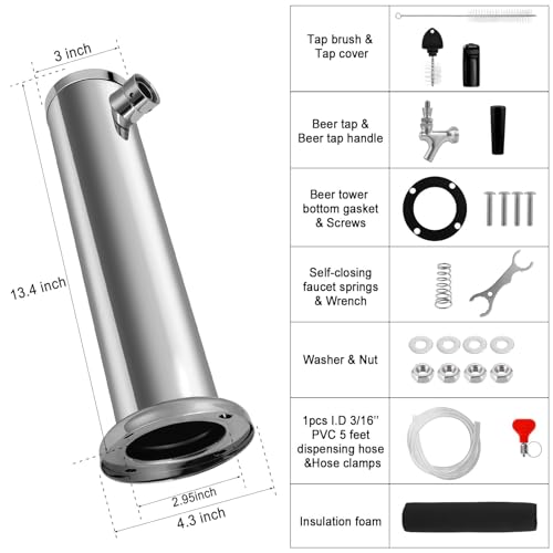 Single Tap Beer Tower Dispenser, Stainless Core Beer Faucet Polished Stainless 3'' Flange Single Tap Draft Beer Tower Kegerator Tower Kit with Pre-Assembled Tubing and Self-Closing Spring - size: Single Tap