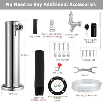 Single Beer Tap Tower, Draft Keg Tap Tower Brass Core Self-Closing Faucet Stainless Kegerator Tower Brewing Tower Kit with Kegerator Lines Parts - size: Single Tap Beer Tap Tower