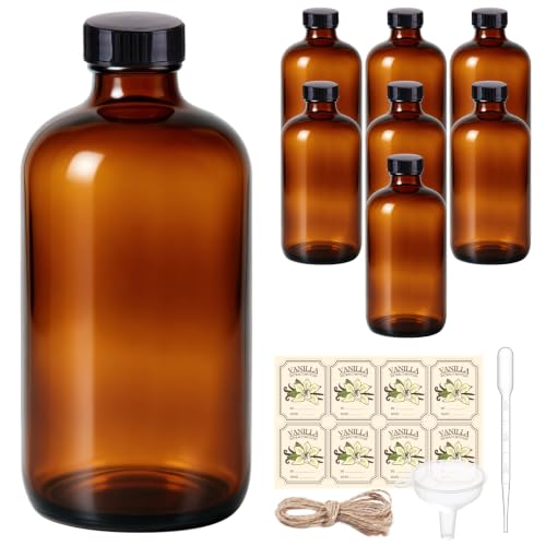 8 Pack 16oz Amber Glass Bottles with Caps and Labels - Large Boston Round Syrup Bottles for Elderberry, Liquid Supplements, Kombucha & Vanilla Extract - Airtight & Leakproof Apothecary Bottles
