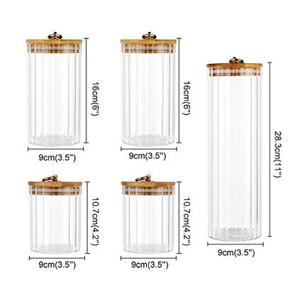 FANTESTICRYAN Glass Storage Jars Set of 5, Decorative Coffee Bar Container with Airtight Bamboo Lid Metal Ring for Home Kitchen Storing Candy, Cookie, Pasta, Nuts, Oatmeal and Bathroom Salt