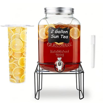 2 Gallon Glass Drink Dispensers For Parties,Beverage Dispenser with Stand,Fruit Infuser,Mason Jar Water Dispenser for Juice/Tea,Lemonade Dispenser for Parties,BPA Free Clear Water Pitcher with Spigot - size: 2 Gallon With Stand