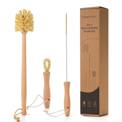 DEBETOOL Natural Bottle Brush Set 3-in-1-13.7 Inch Long Handle Wooden Bottle Brush for Cleaning, Water Bottle Cleaner Brush for Cups & Wide Mouth Jars