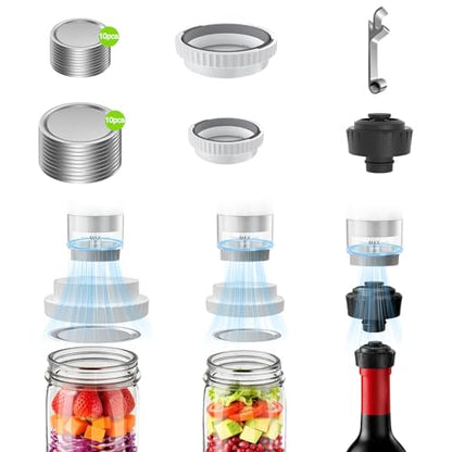 Mason Jar Vacuum Sealer Kit with 2 Sealers, 20 Reusable Lids (Wide & Regular Mouth), Wine Vacuum Stopper & Opener, Food Storage System for Meal Prep, Pantry, Without Mason Jar - size: Mason Jar Vacuum Sealer Kit
