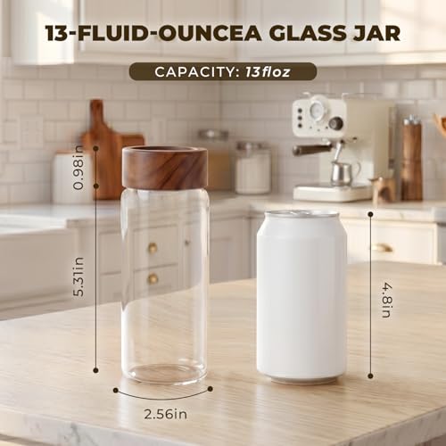 4 Pack 13 oz Glass Spice Jars with Airtight Wood Lids - 15cm Tall Small Storage Food Containers with Labels for Pantry Organization, Herb, Seasoning, Sugar, Coffee Bean, Tea
