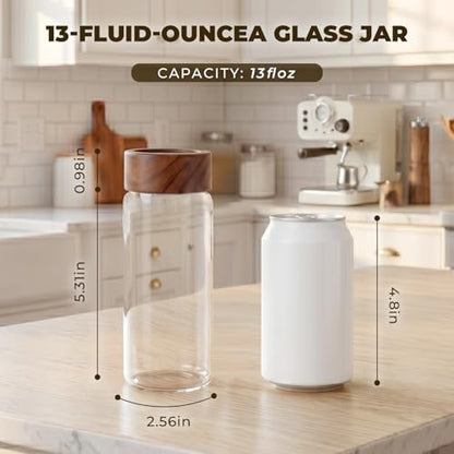 4 Pack 13 oz Glass Spice Jars with Airtight Wood Lids - 15cm Tall Small Storage Food Containers with Labels for Pantry Organization, Herb, Seasoning, Sugar, Coffee Bean, Tea