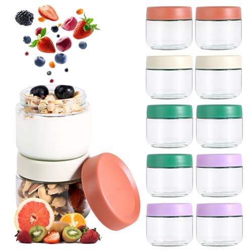 Hoa Kinh 9oz 12Pack Overnight Oats Jars with Lids, Leak Proof Small Jars for Overnight Oats, Cereal, Clear Empty Glass Jar with Lids for Kitchen(Red, Green, Purple and White) - color: Colorful lids, size: 9oz-12Pack