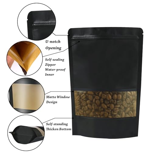 100 PCS Resealable Bags, Stand Up Kraft Paper Bags with Matte Window, Zipper Lock Food Storage Bags for Small Business and Home, 6.2x9.4 Inch Reusable Sealable Bags for Packaging - Black - color: Black,6.29*9.44 inches