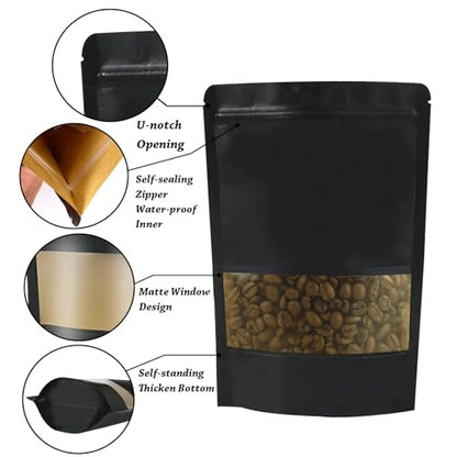 100 PCS Resealable Bags, Stand Up Kraft Paper Bags with Matte Window, Zipper Lock Food Storage Bags for Small Business and Home, 6.2x9.4 Inch Reusable Sealable Bags for Packaging - Black - color: Black,6.29*9.44 inches