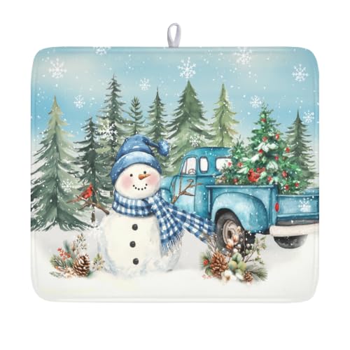 Giwawa Winter Snowman Blue Dish Drying Mat Xmas Truck Dishes Pad 16"x18" Microfiber Absorbent Drainer Rack Mats Protector for Kitchen Counter Sink - color: Blue Snowman Truck, size: 16x18 inch