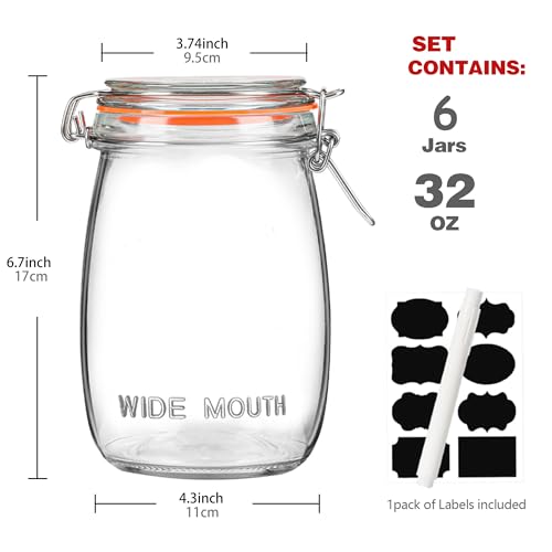 32oz Wide Mouth Mason Jars (6 Pack) – Reusable Airtight Glass Storage Jars with Hinged Lids, BPA-Free, Dishwasher Safe, Perfect for Canning, Pickling, Coffee & Fermenting