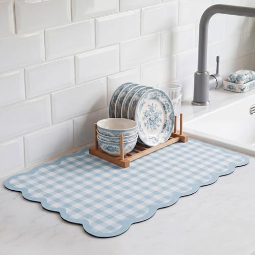 Scalloped Gingham Coffee Mat 12" x 20" Absorbent Coffee Bar Mat Brown Gingham Espresso Matt for Counter(Blue) - color: Blue