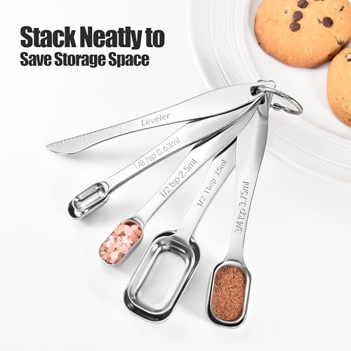 18/8 Stainless Steel Measuring Spoons: Doosu Heavy Duty Rectangular Spoon Square Teaspoon Tablespoon Scoop with Slim Long Handle in Narrow Spice Jar for Kitchen Baking Cooking (Set of 6 with Leveler) - size: Set of 6 with Leveler