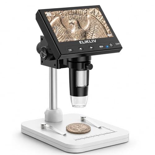 Elikliv Microscope, LCD Digital Coin Microscope 1000x, Coin Magnifier with 8 Adjustable LED Lights, PC View Compatible with Windows/MacBook, EDM4, 4.3-Inch - color: White