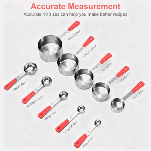 Bopei Measuring Cups and Spoons Set Stainless Steel 10 Piece for Cooking and Baking (5 Cups + 5 Spoons, Red Handle) - color: Red