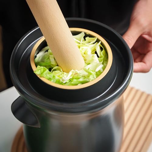 Fermentation Crock 3.8Liter/1 Gallon Stoneware Pot for Fermenting, Pickling Kimchi, Pickles, Vegetables, Kombucha - Glazed Fermenter with Stone Weights, Lid & Pickle Tamper-Black Crock - color: Black