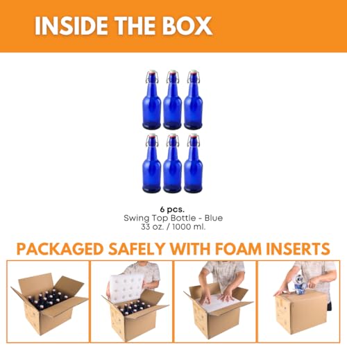 FastRack Swing Top Glass Bottles |33 oz – Pack of 6 | Blue Flip Top Glass Bottles for Home Brewing, Carbonated Drinks, Kombucha, Fermentation, Water | Food Grade – ECO Friendly - color: Blue