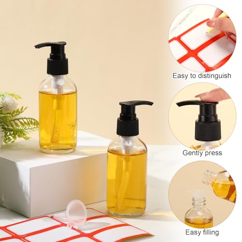 Fumete 2 Pack Glass Bottles 4oz Empty Refillable Liquid Containers with 1 Label 1 Funnel for Essential Oils Hair Travel Plants Cleaning Skin Care(Clear, Black Top,Pump Bottle) - color: Clear, Black Top, style: Pump Bottle
