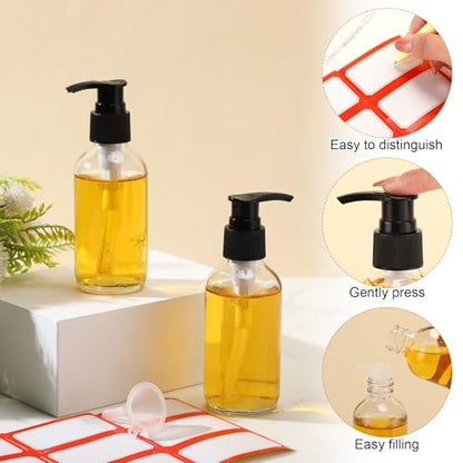 Fumete 2 Pack Glass Bottles 4oz Empty Refillable Liquid Containers with 1 Label 1 Funnel for Essential Oils Hair Travel Plants Cleaning Skin Care(Clear, Black Top,Pump Bottle) - color: Clear, Black Top, style: Pump Bottle