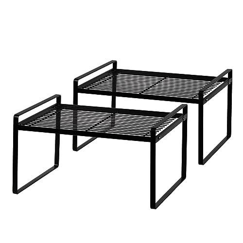 Shantton 2Pack Kitchen Cabinet Shelf Counter Organizer Rack Pantry Storage Bathroom Bedroom Office Table Desk Space Saving Stackable Rust Resistant Non Slip Black Wide L13.1in W10.6in H7.3in - color: Black, size: L13.1'' W10.6'' H7.3''