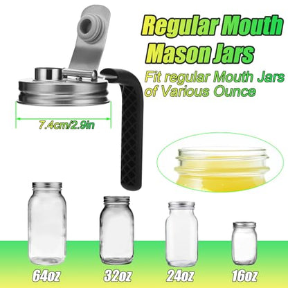 Mason Jar Pour Spout Lid Stainless Steel with Handle, Regular Mouth Pour Spout Flip Cap Lids for Mason Jars, Anticracking Leak Proof Seal Cover Airtight for Drinking Salad Dressing Food Storing(2PCS) - style: Regular Mouth Stainless Steel Lid with Handle