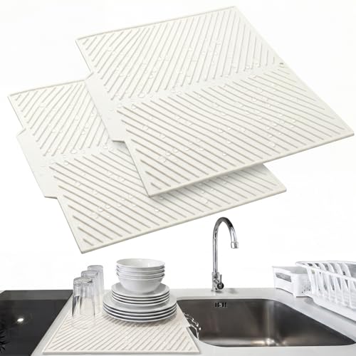 2 Pack Silicone Dish Drying Mats for Kitchen Counter Self Draining Drying Mat 17 x 13 Inch Easy to Clean High-temperature Resistant Silicone Pads for Countertop Sink Multi-use(Beige) - color: Beige, size: 17 X 13 Inch