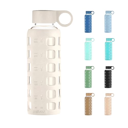 purifyou 40oz / 32oz / 22oz / 12oz Borosilicate Glass Water Bottle with Time & Volume Markers, Silicone Sleeve, Stainless Steel Lid | Reusable Glass Bottle for Water & Juice (12oz Pearled Ivory) - color: Pearled Ivory (1 Count), size: 12 Ounces